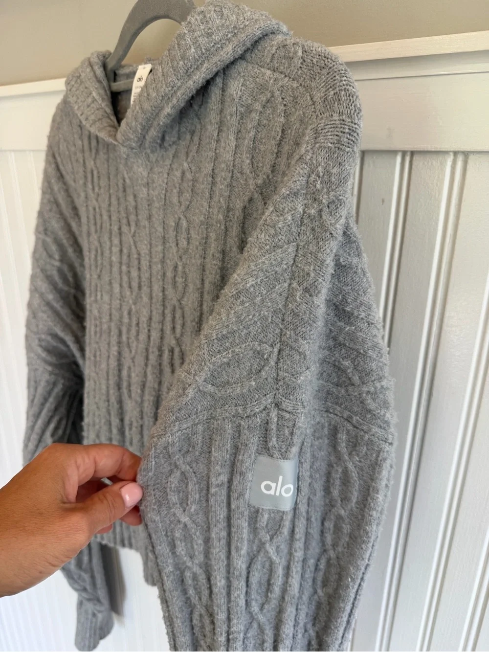 ALO Yoga Gray Cable-Knit Hooded Sweater